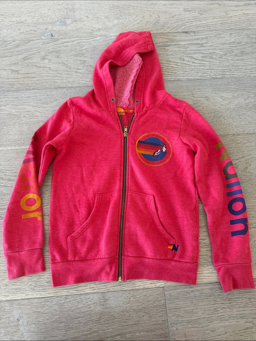 Aviator Nation Girls' Bright Pink Zip Hoodie with Rainbow Logo